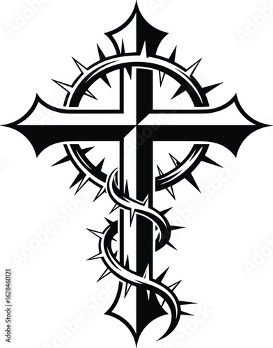A detailed black cross design adorned with a crown of thorns and a twisting branch element