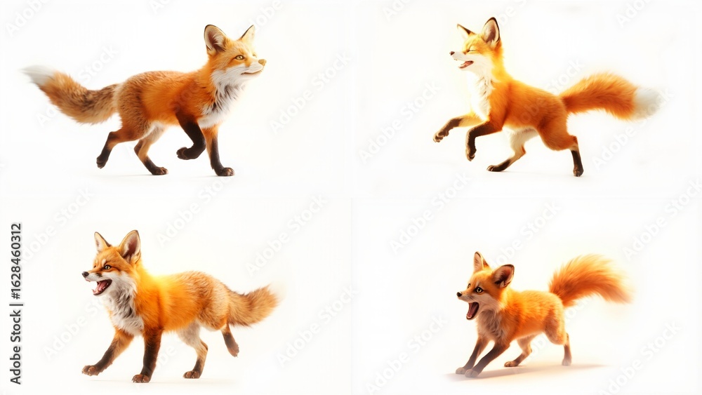Obraz premium Four pictures of a fox background creative expression composition backgrounds elements frame scene style illustration cartoonish movement colorful emotion motion design layers figure