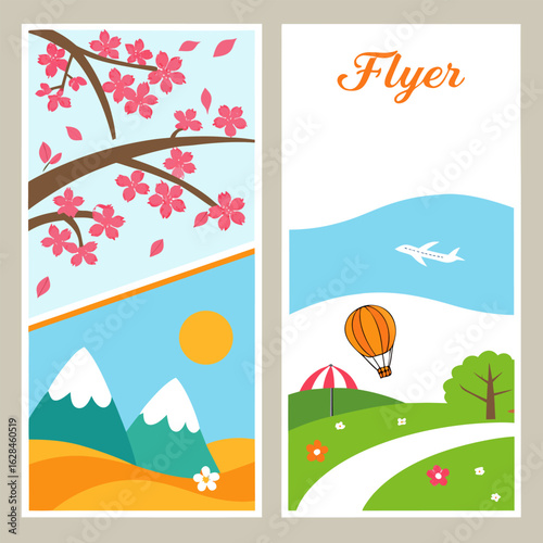 Vibrant spring and summer travel flyer design featuring cherry blossoms mountains hot air balloon and airplane