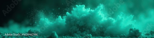 Teal powder cloud bursts into dark blue-green dust, energy, vivid