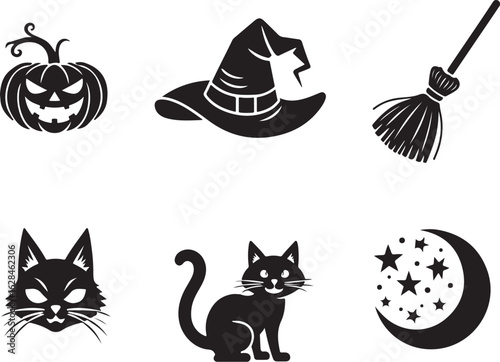 Spooky Halloween icons: pumpkin, witch hat, broom, cats, moon