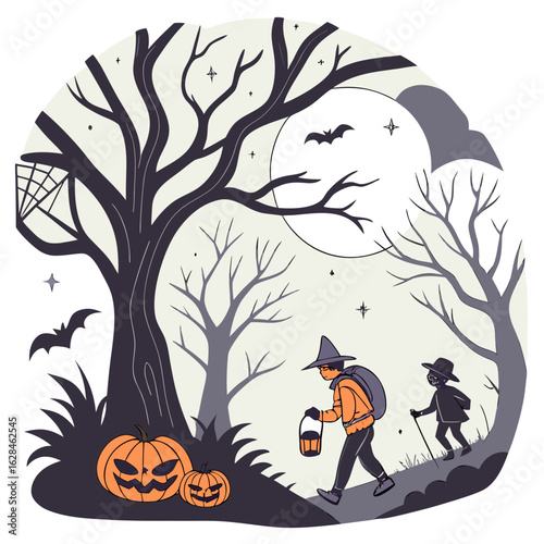 Children in halloween costumes with lanterns and pumpkins walk through a spooky forest under a full moon with bats flying