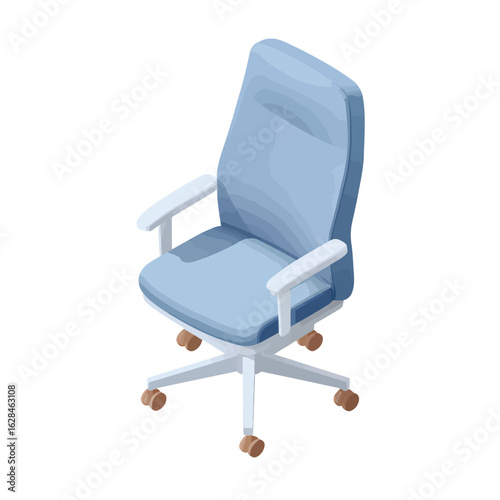Isometric vector illustration of a blue ergonomic office chair with wheels isolated on a white background

