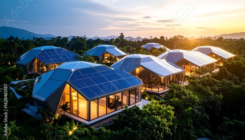 Eco-friendly Lodges with Solar Panels Nestled in Lush Greenery at Sunset