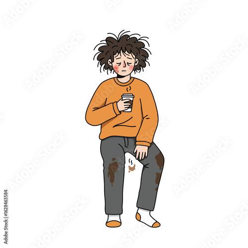 Sad young adult with coffee stains, cartoon style