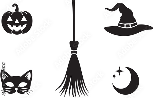 Spooky Halloween icons: pumpkin, cat, broom, hat, moon
