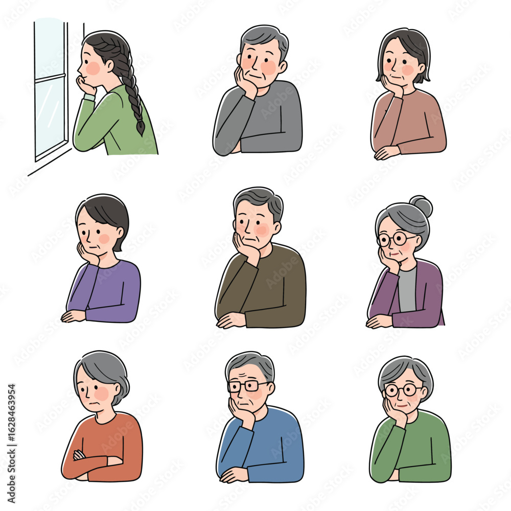 Fototapeta premium Contemplative Seniors and Young Woman: Pensive Line Art Set