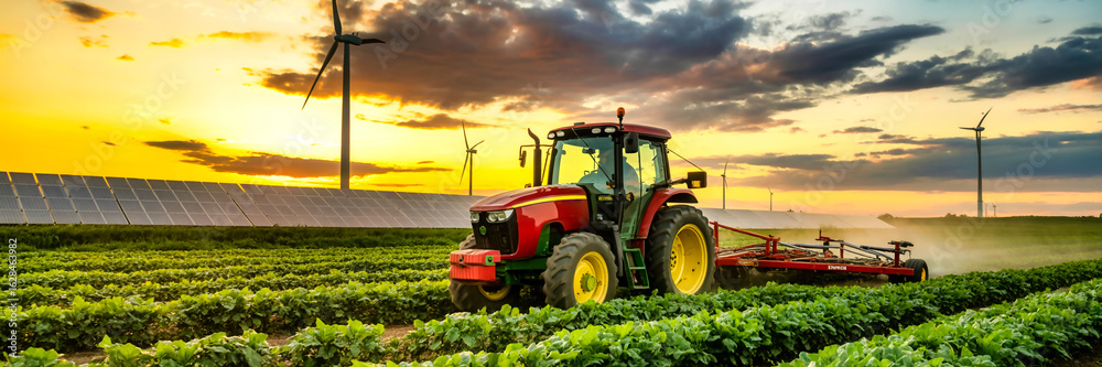Fototapeta premium tractor, farm equipment, agricultural machinery, field, crops, sunset, cloudy sky, wind turbines, renewable energy, landscape, rural scene, panoramic view 