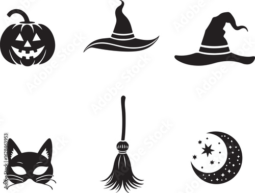 Spooky Halloween icons: pumpkin, witch hats, cat mask, broom, moon