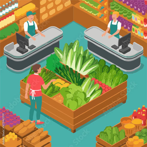 Isometric Illustration: Fresh Produce Market, Happy Shoppers, Vibrant Colors, Healthy Lifestyle, Grocery Store, Customer Service, Retail, Buying Vegetables, Wooden Produce Display, Supermarket Scene.