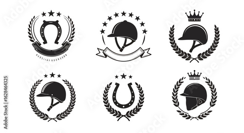 Collection of equestrian emblems featuring horseshoes and riding helmets, presented in a classic laurel wreath and star design.