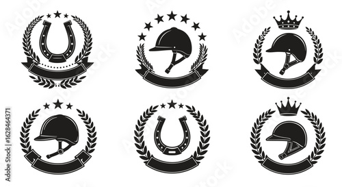 A collection of vector equestrian sport icons featuring horseshoes and helmets, perfect for creating logos and designs related to horseback riding and equestrian events.