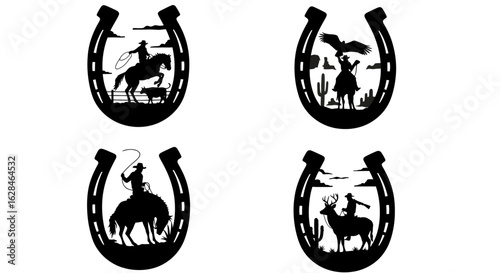 A collection of black silhouette vector designs featuring various Western and wildlife scenes encapsulated within classic horseshoe shapes, ideal for graphic projects.