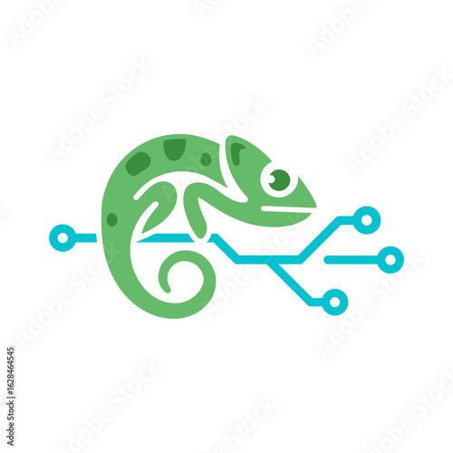 A innovative logo combining a chameleon silhouette with electronic circuit elements, symbolizing adaptability and technological connectivity in modern design.