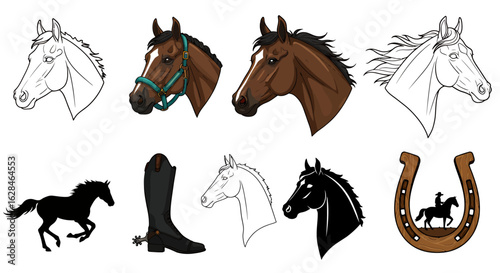 Collection of equestrian elements including horse heads, a running horse silhouette, riding boots, and a horseshoe with a cowboy, presented in vector PNG format.