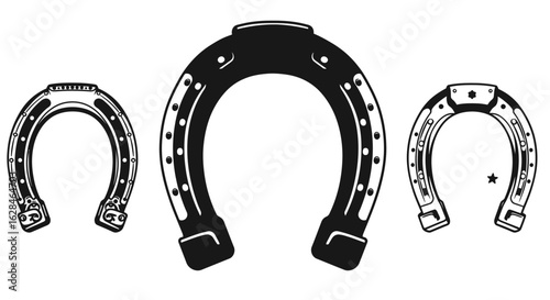 High-resolution vector PNG image showcasing three detailed horseshoe designs, perfect for equestrian, farrier, or Western-themed projects needing a classic horseshoe graphic.