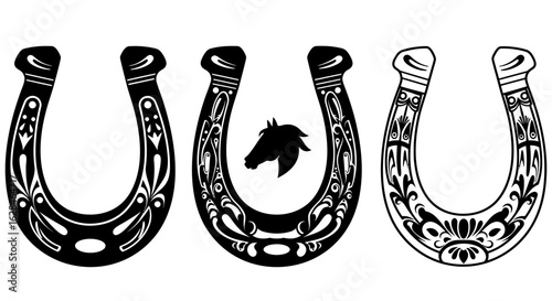 A set of three ornate horseshoe vector illustrations in black and white, perfect for luck, design, or decorative purposes, presented on a plain white background.