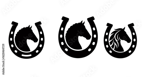 A set of three stylized black vector silhouettes featuring horse heads elegantly framed within lucky horseshoe designs, isolated on a clean white background.