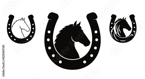 A collection of vector illustrations featuring horse silhouettes within horseshoes, designed in a monochrome style, perfect for various design applications and projects.