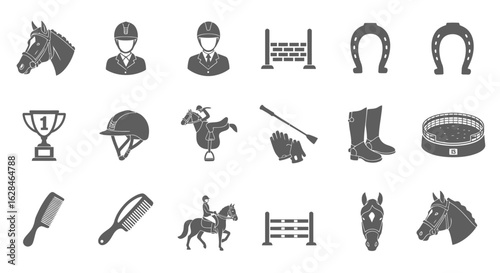 A collection of equestrian icons featuring horses, riders, equipment, and symbols like horseshoes and trophies, presented in a clean vector graphic style.