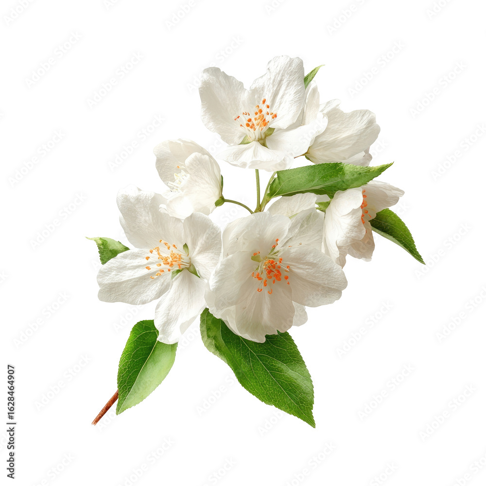 Obraz premium Close-up of a cluster of white blossoms. Soft focus, vibrant green leaves
