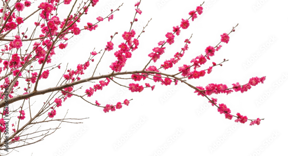 Fototapeta premium Blooming plum tree branch with pink flowers isolated on transparent background