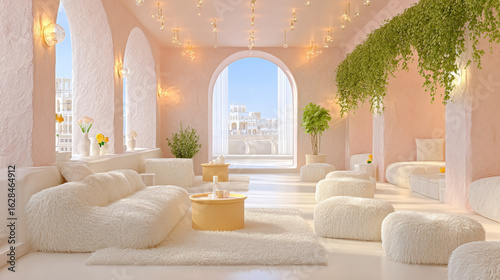Cat cafe, Cozy cat cafe with blankets and warm lighting in 3D design.