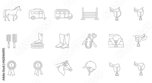 A comprehensive collection of equestrian line art icons depicting various horse riding equipment and accessories for digital design projects.