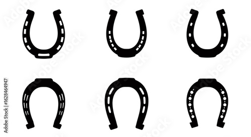 A collection of horseshoe vector designs, each varying slightly in shape and style, presented in a clean, graphic representation suitable for diverse applications.