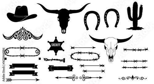 A versatile collection of black vector silhouettes featuring iconic Western and cowboy-themed design elements, including hats, skulls, and horseshoes, perfect for design.
