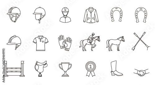High-quality vector PNG icons of equestrian equipment, horseshoes, and riding apparel, perfect for websites, apps, and presentations needing a clean and modern design aesthetic.