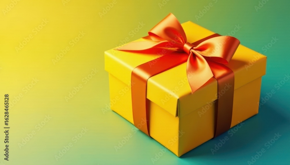 Fototapeta premium Shiny orange ribbon, neatly tied on a yellow gift , festive, anniversary