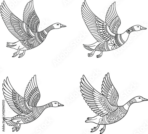 Artistic black and white illustration of four flying geese with intricate decorative patterns on white background