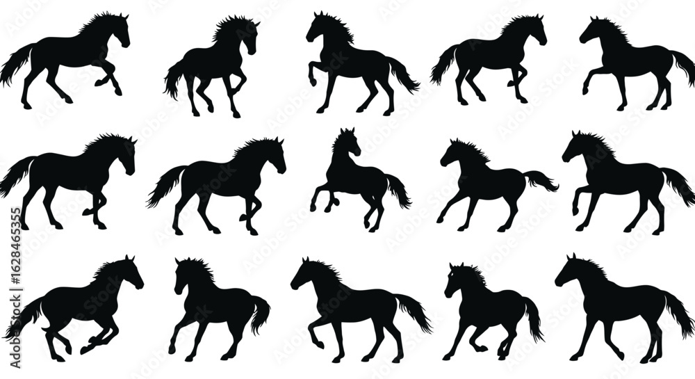 Obraz premium Collection of black horse silhouettes in various dynamic poses, perfect for equestrian designs and graphic resources.