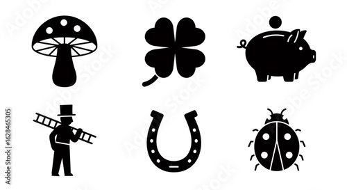 A collection of lucky symbols including a horseshoe, four-leaf clover, ladybug, mushroom, piggy bank, and chimney sweep, presented as clean vector icons.