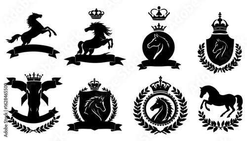 A collection of elegant vector horse silhouettes, including rearing horses, crests with crowns, and various heraldic elements, perfect for logos and design projects.