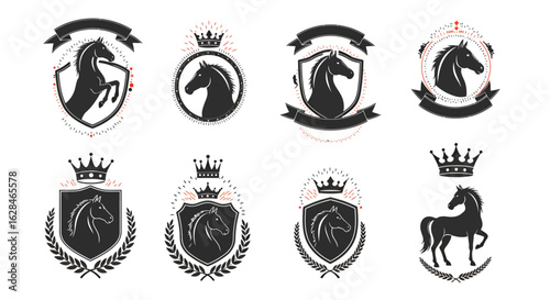 A collection of elegant black horse head and full body silhouettes presented in various heraldic shields, crowns, and banners, perfect for vintage logos and emblems.