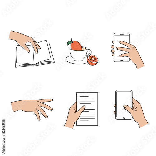 Minimalist Line Art Hands: Reading, Tea, Smartphone