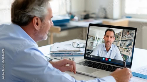 Wallpaper Mural Virtual Connection in the Workplace: A professional engages in a video conference, capturing a moment of modern business and collaboration. Torontodigital.ca