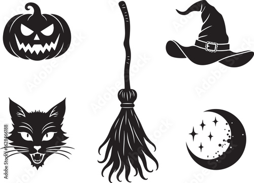 Spooky Halloween icons: pumpkin, cat, broom, hat, moon
