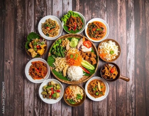 Delicious Indonesian Rijsttafel Feast: Rice Table with Various Dishes on Wooden Background