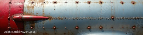 Close-up view of riveted aluminum aircraft panel, aviation, material science