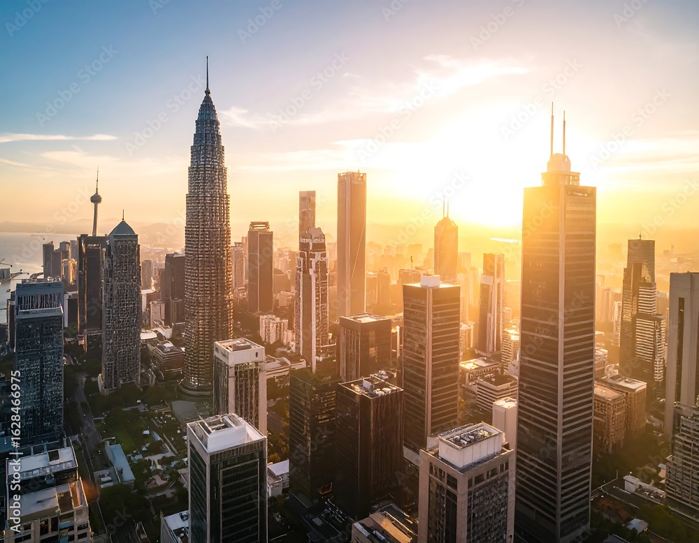 Obraz premium Aerial view of a bustling city skyline at sunrise. Modern skyscrapers, various architectural styles, golden sunlight, hazy atmosphere, urban landscape, city panorama