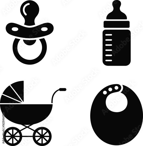 Baby Care Icons Silhouettes: Pacifier, Bottle, Stroller, Bib Set