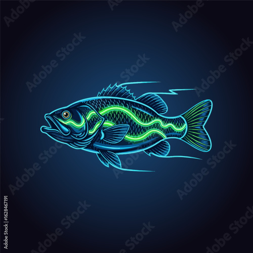 Glowing neon largemouth bass fish. Futuristic vector illustration for esports mascot.