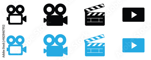 Cinema icons - Film Clapper, Camera, Film reel, Video. Cinema symbol.Cinema icons vector set. Movie, film, video, tv and more icon for apps and websites, symbol illustration 