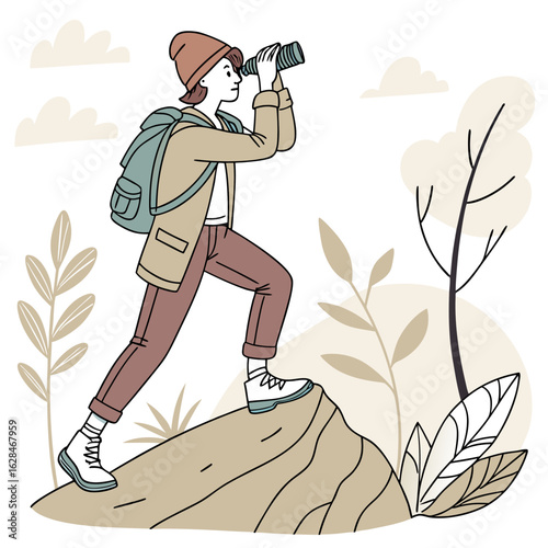 A person wearing a hat and backpack climbs a rocky hill while looking through binoculars at the natural landscape