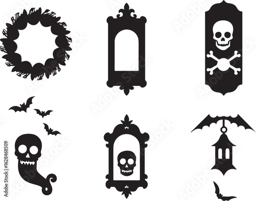 Spooky Halloween icons: skulls, ghosts, bats, lantern, frames