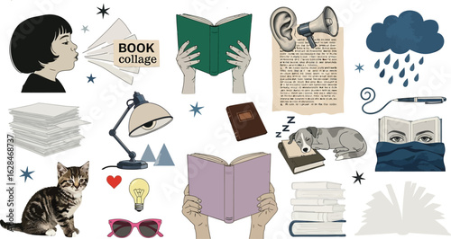 Creative collage celebrates reading, learning, and imagination with whimsical elements