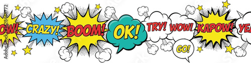 Dynamic comic book style speech bubbles with exciting action words